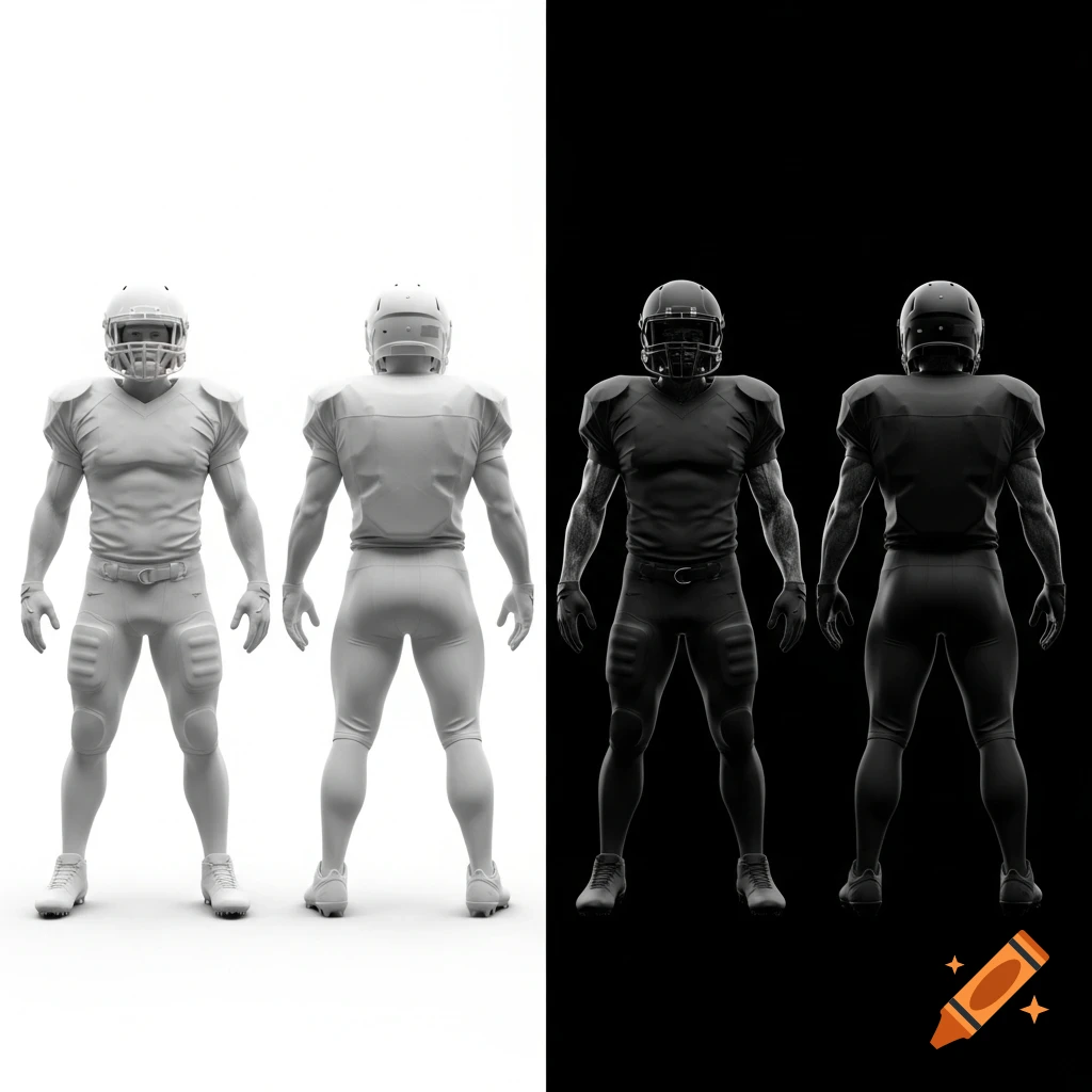 Four realistic American football players: two in white uniforms on a white background, and two in black uniforms on a black background.