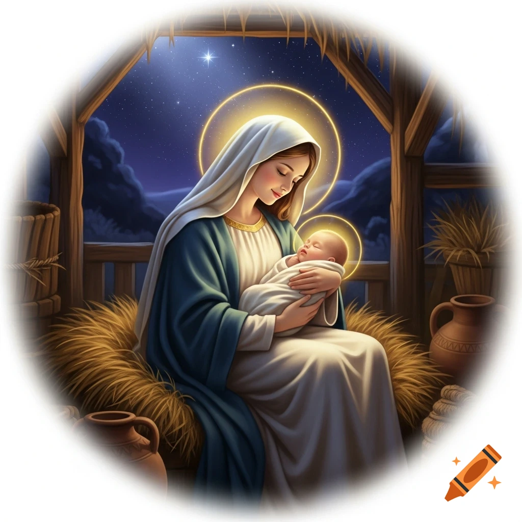 A young Virgin Mary, with a halo, cradles baby Jesus, also with a halo, in a manger at night under a star-filled sky. Illustrative style.