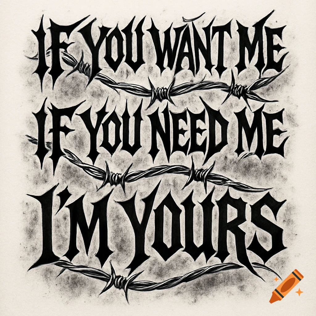 Gothic black and white illustration with barbed wire spelling 'If you want me, if you need me, I'm yours' in a heavy metal font.