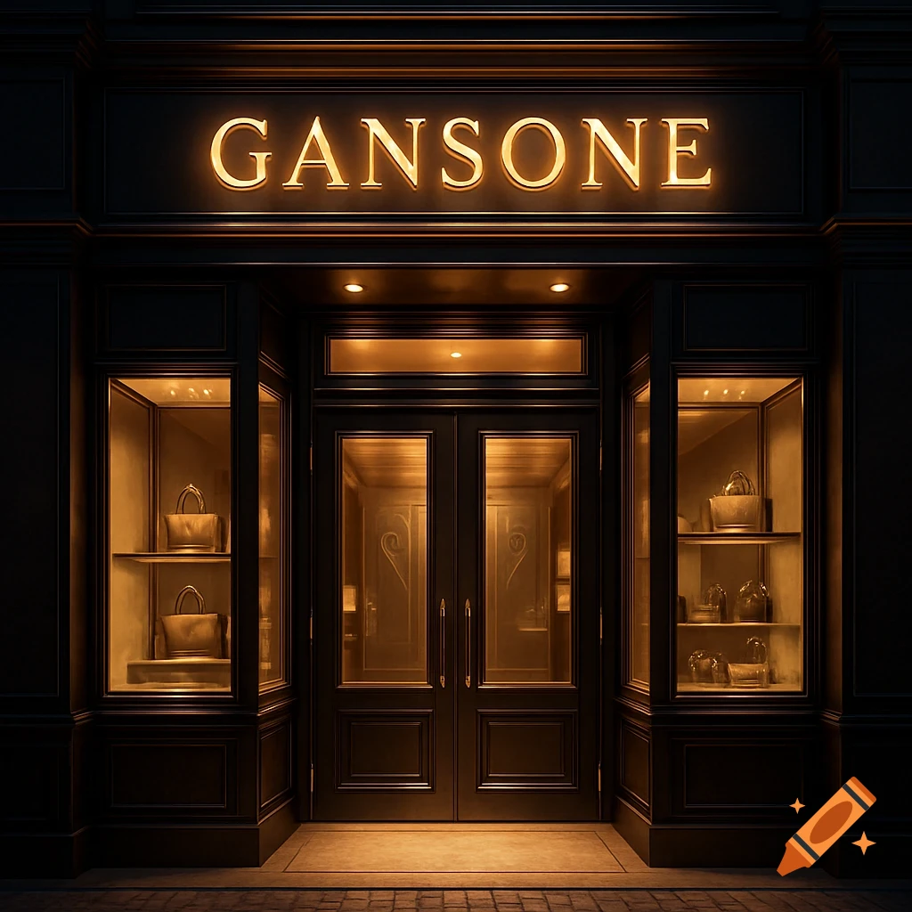 An elegant, dark luxury store storefront with a glowing "GANSONE" sign above a glass double door entrance and illuminated display windows.
