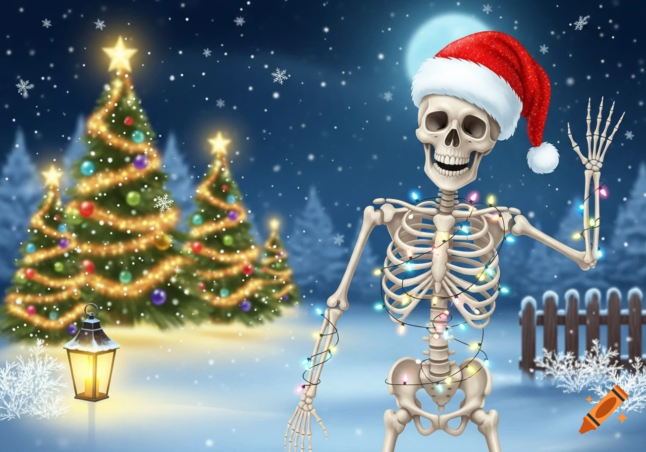 A smiling skeleton in a Santa hat, wrapped in colorful Christmas lights, waves in a snowy, moonlit winter wonderland with decorated Christmas trees.
