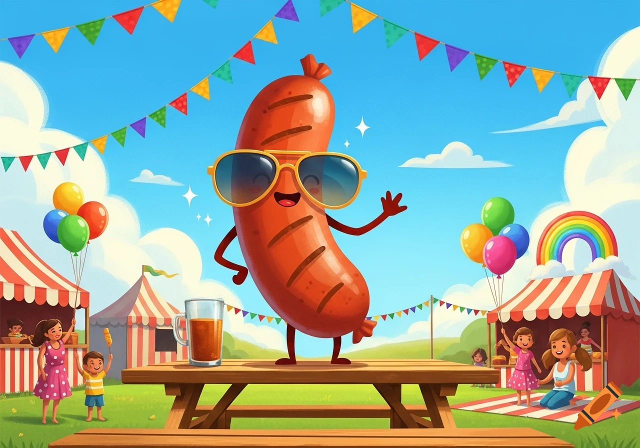 A cheerful cartoon sausage wearing sunglasses stands on a picnic table at a vibrant fair with colorful tents, balloons, and children.