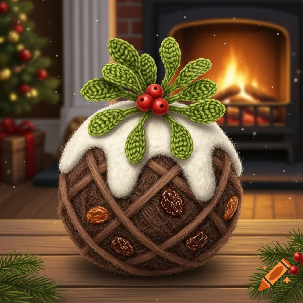 A detailed wool ball Christmas pudding with knitted mistletoe and dried fruits on a wooden table, festive background.
