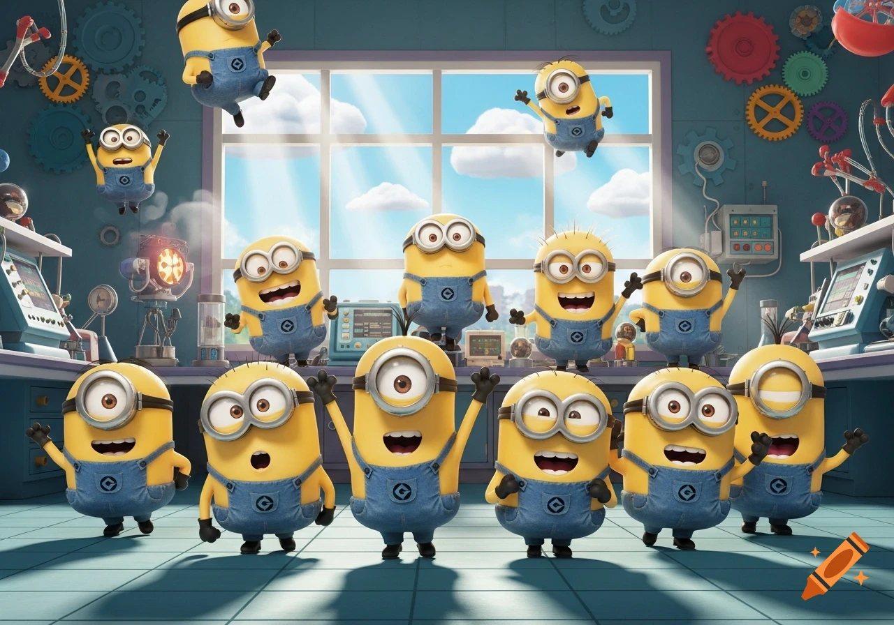 A large group of cheerful yellow Minions in blue overalls, some floating and some standing, in a bustling laboratory filled with gears and machinery, with windows showing a blue sky.