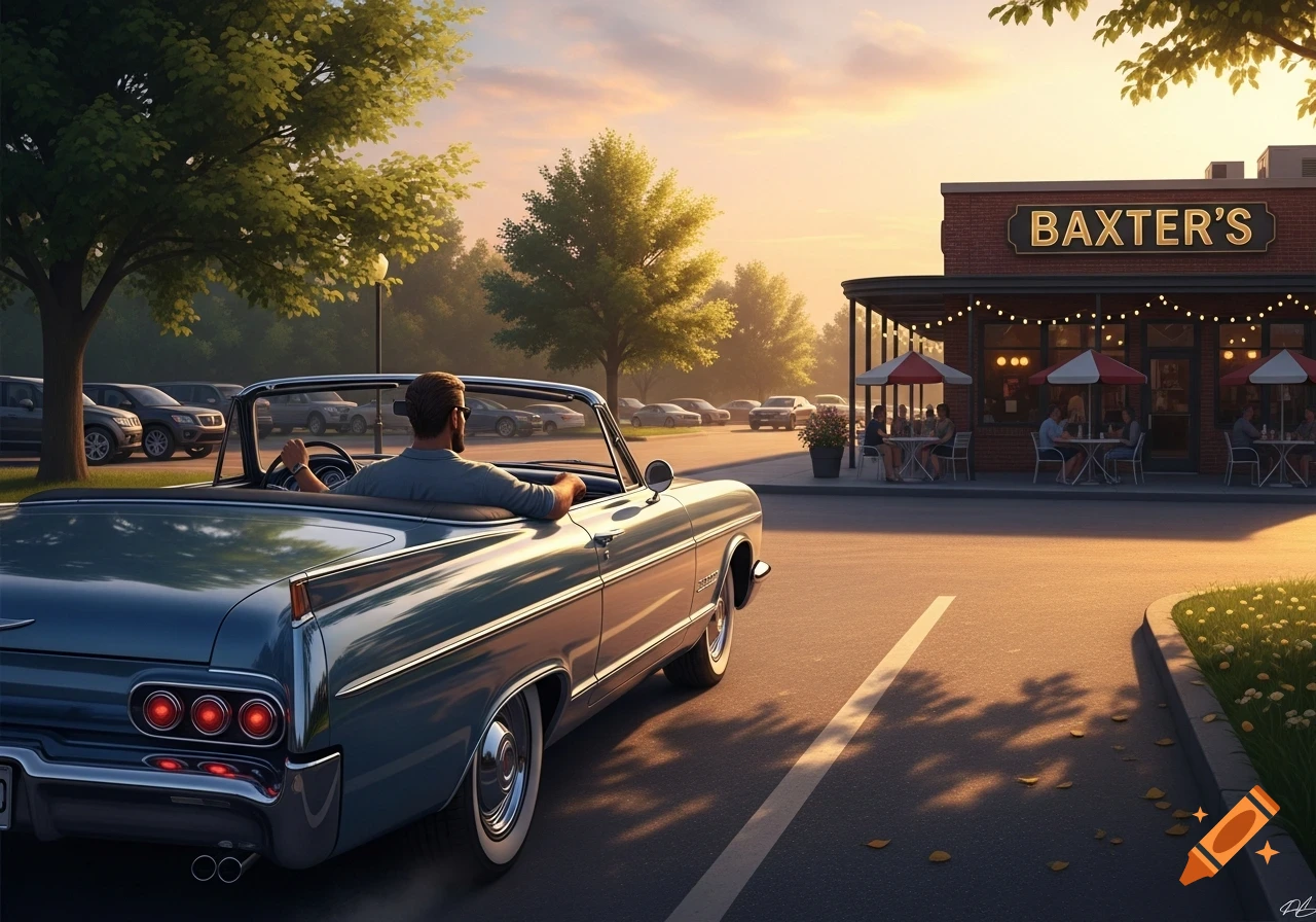 A man in a classic convertible drives into Baxter's restaurant parking lot at sunset, photorealistic.
