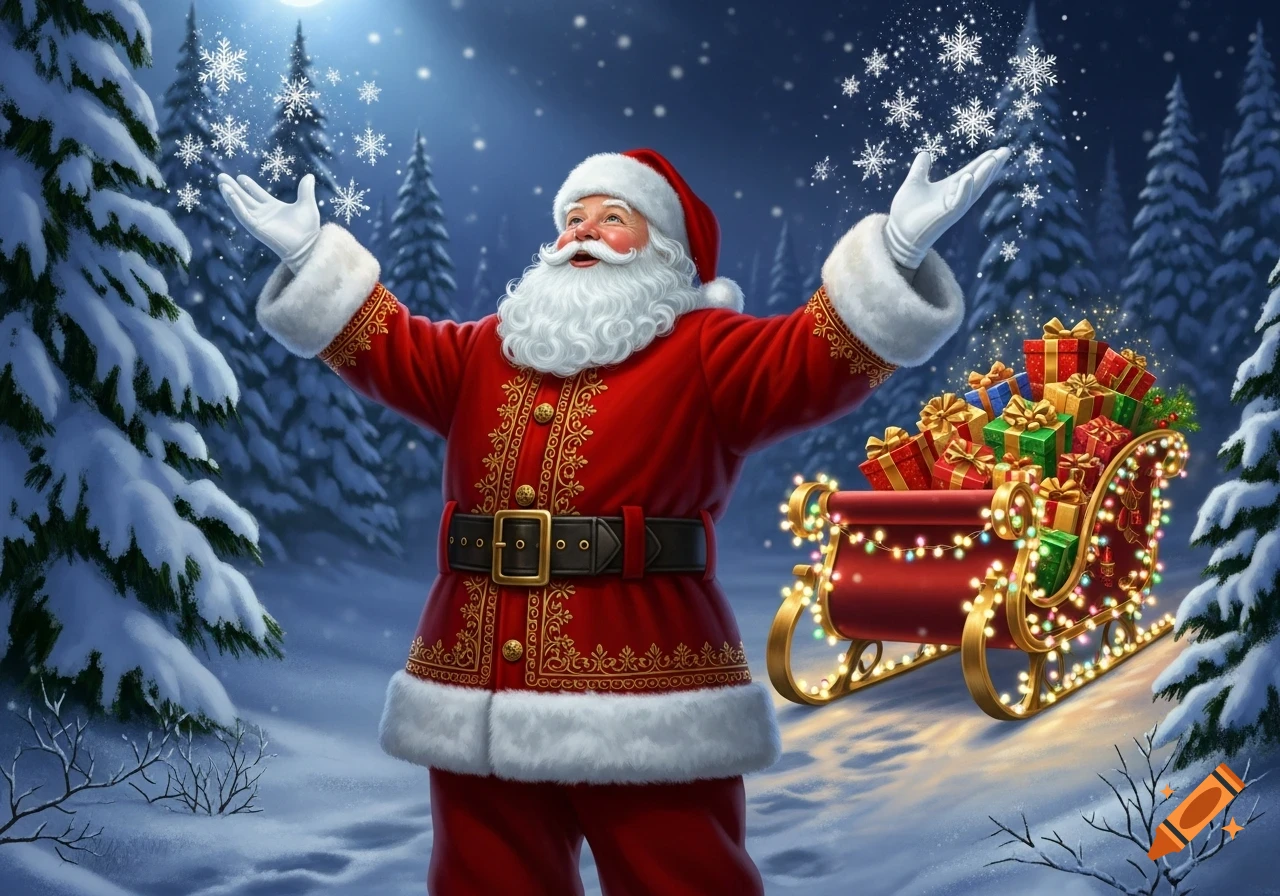Festive illustration of Santa Claus in a snowy forest, with hands raised as snowflakes fall, a sleigh brimming with gifts beside him.
