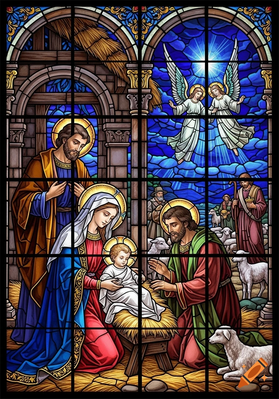 Stained glass panel depicting the Nativity: Mary, Joseph, and baby Jesus in a manger, with angels and shepherds in the background.
