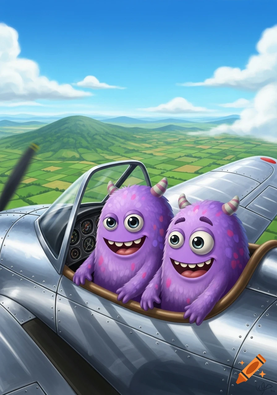 Two smiling purple fuzzy monsters with big eyes fly an airplane over a lush green landscape with mountains and fields under a blue sky.