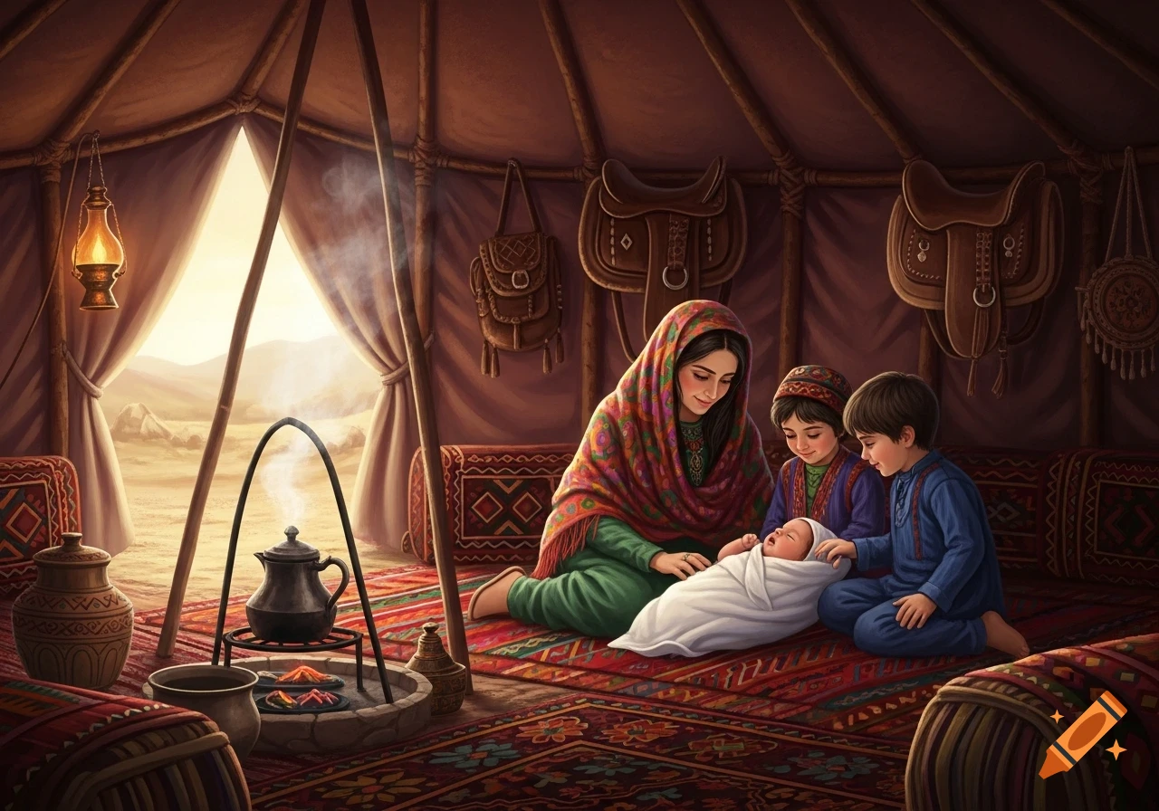 An illustrative scene of a mother, two children, and a swaddled infant inside a traditional Iranian nomadic tent, surrounded by patterned rugs and cultural items.