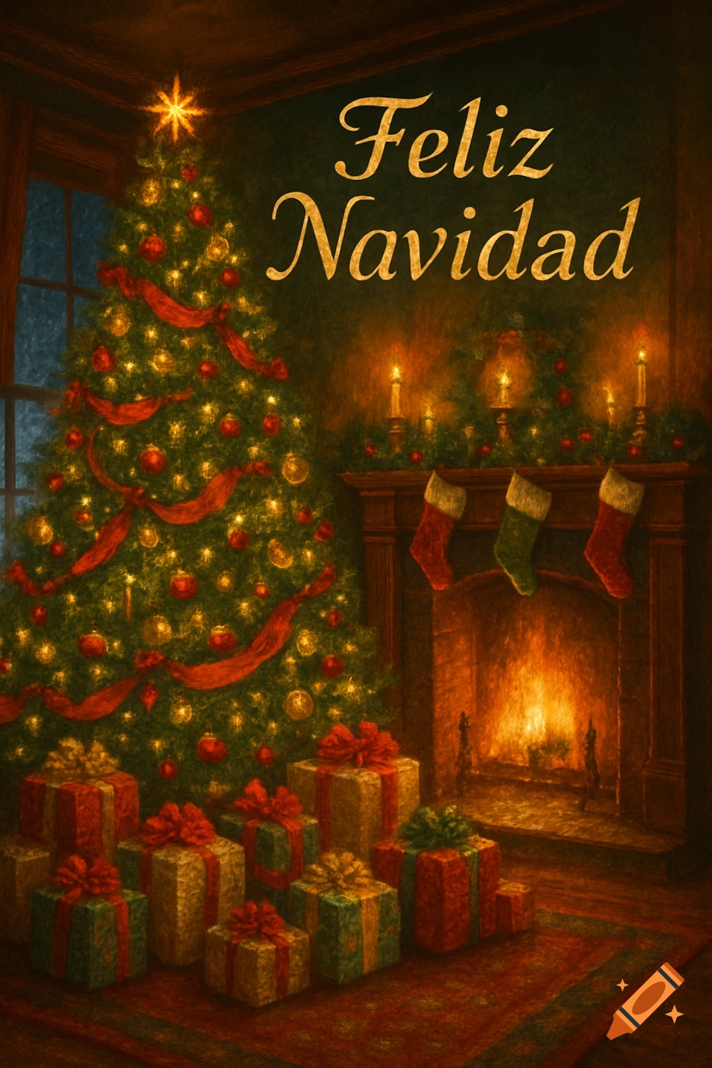 Painterly Christmas scene with a decorated tree, glowing fireplace, stockings, and gifts, featuring 'Feliz Navidad' on the wall.