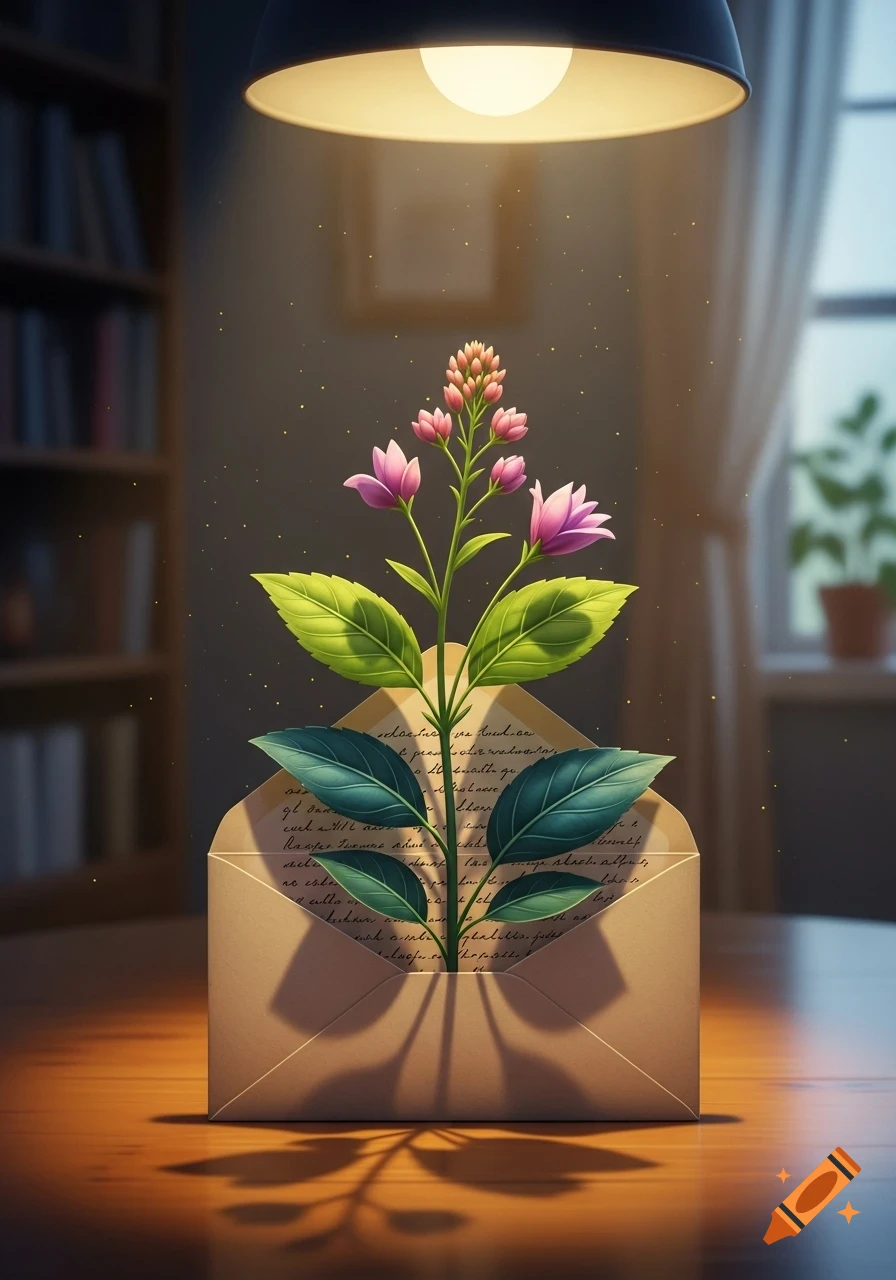 A blooming plant with pink flowers and green leaves grows from an open brown envelope on a wooden table, lit by a lamp.