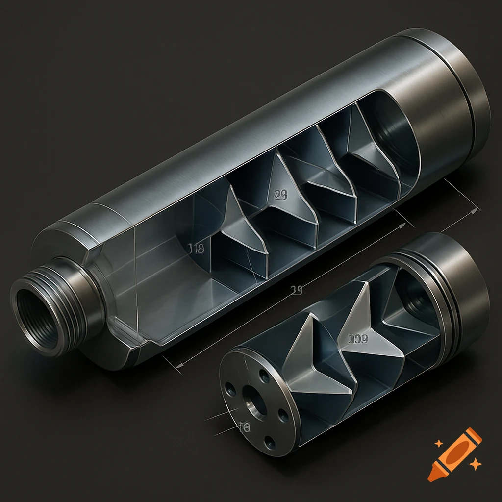 A detailed cross-section of a metal cylinder with internal V-shaped baffles, depicted as a technical diagram on a dark background.