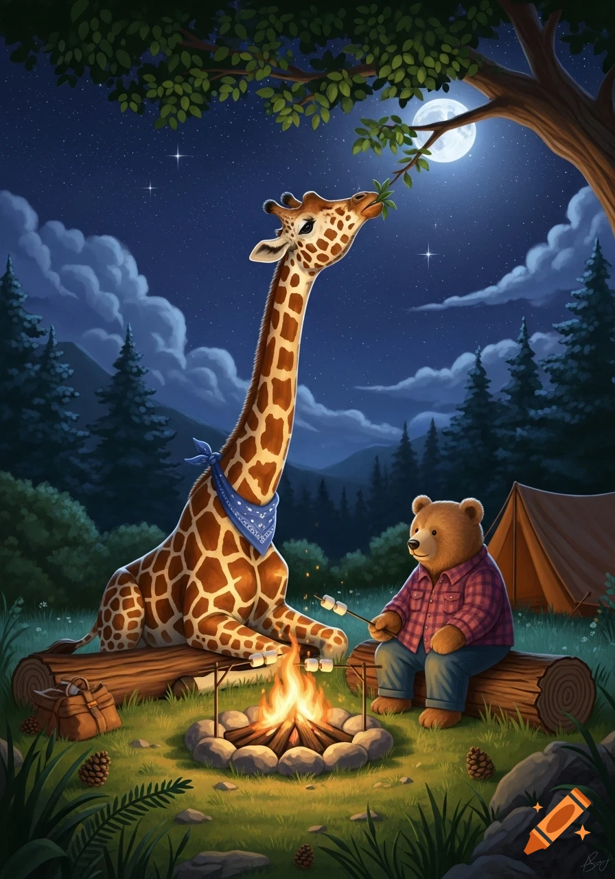 Whimsical illustration of a giraffe and a bear camping at night, roasting marshmallows by a campfire, under a full moon.