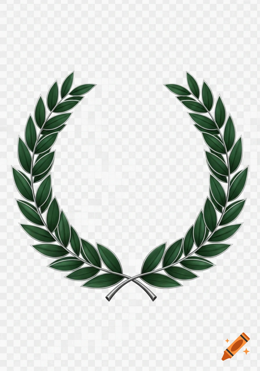 A stylized green laurel wreath with silver stems on a transparent background.