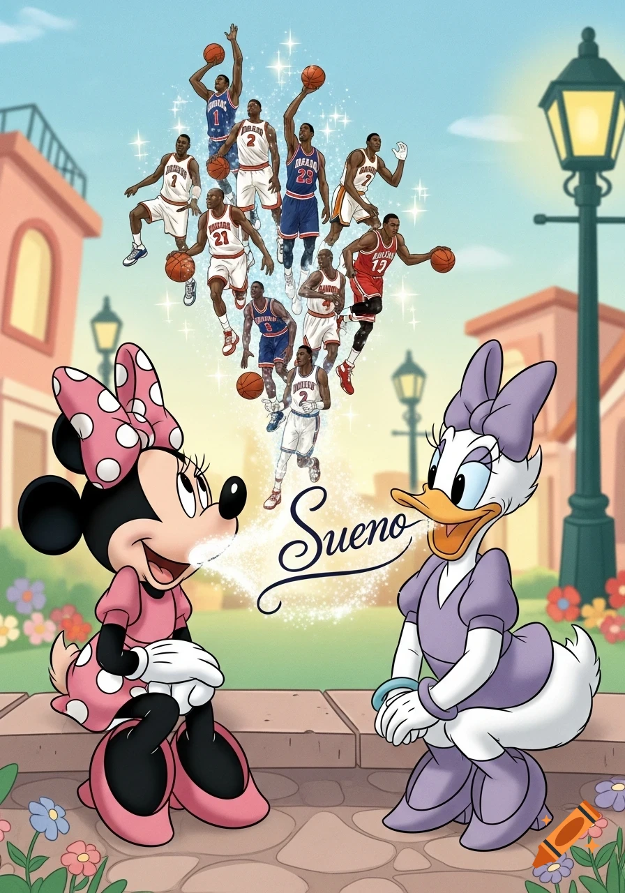 Minnie Mouse and Daisy Duck sitting on a ledge, with Minnie exhaling cartoon basketball players and Daisy exhaling the word "Sueno".