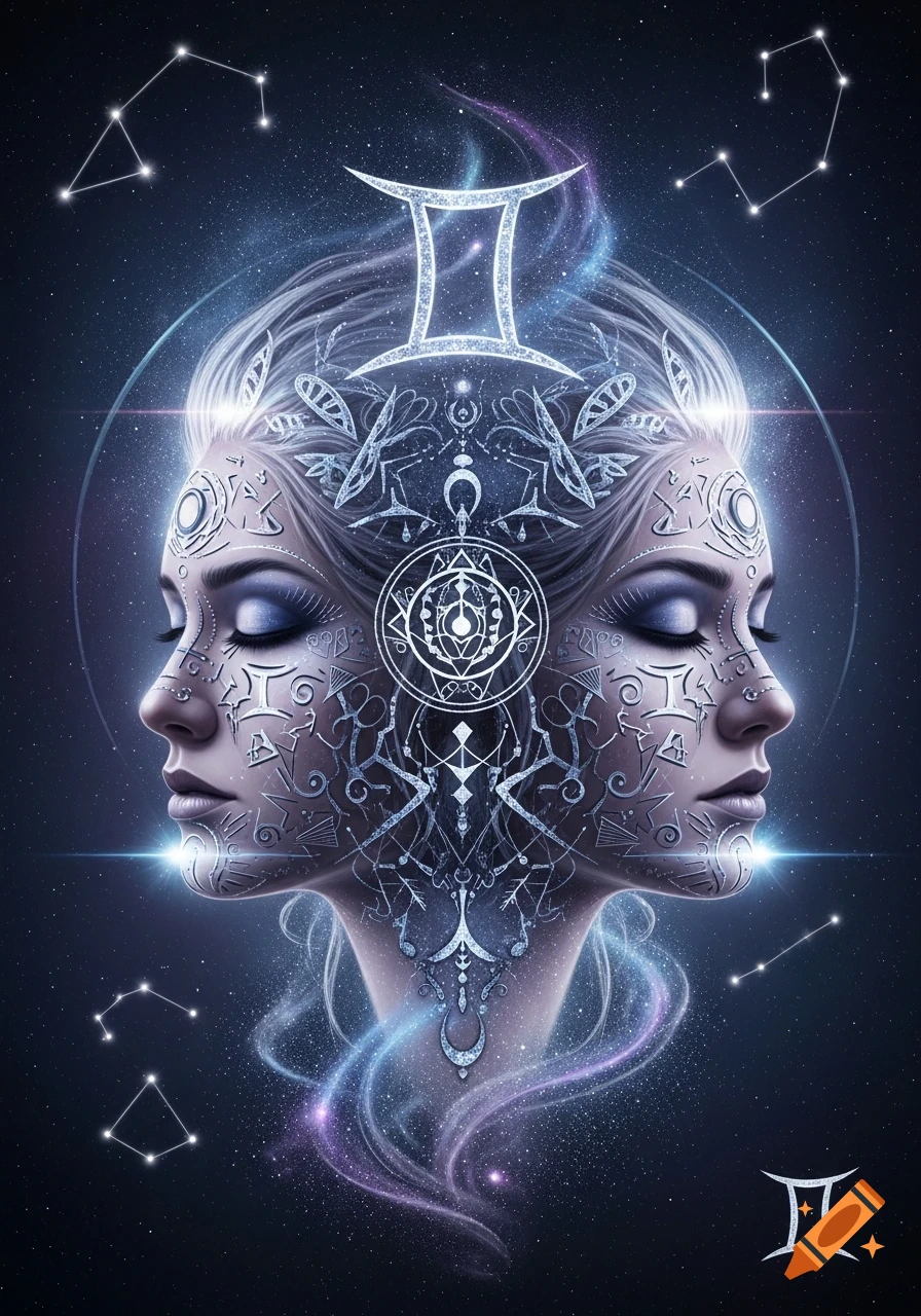 Mirrored female faces with intricate patterns and a glowing Gemini symbol against a starry cosmic background.