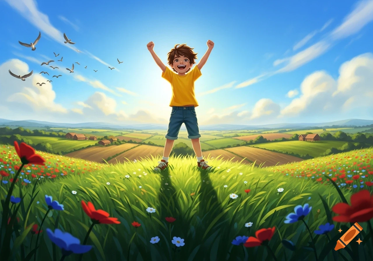 Happy cartoon boy on a sunny green hilltop with arms raised, surrounded by colorful wildflowers and rolling fields under a blue sky.