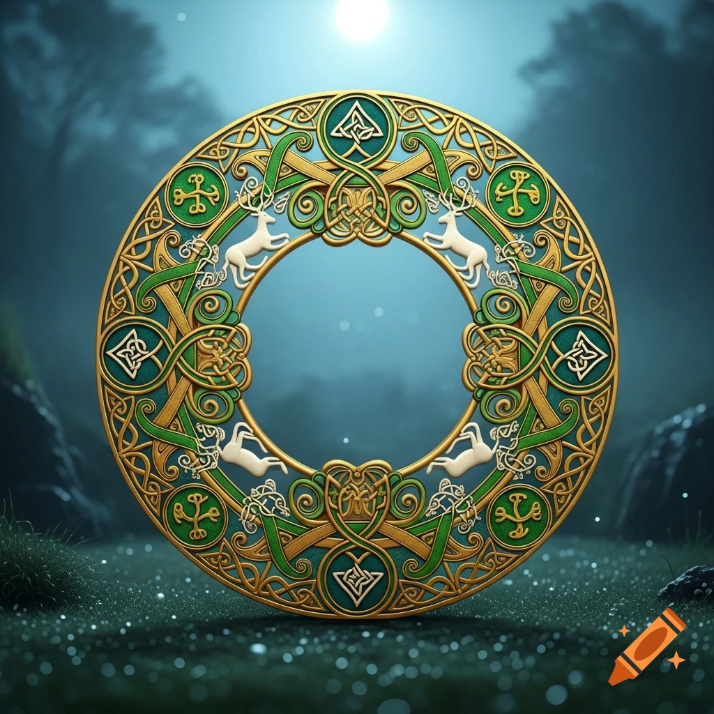 A round, ornate Celtic frame in gold and green, with white deer silhouettes, standing in a mystical moonlit forest.
