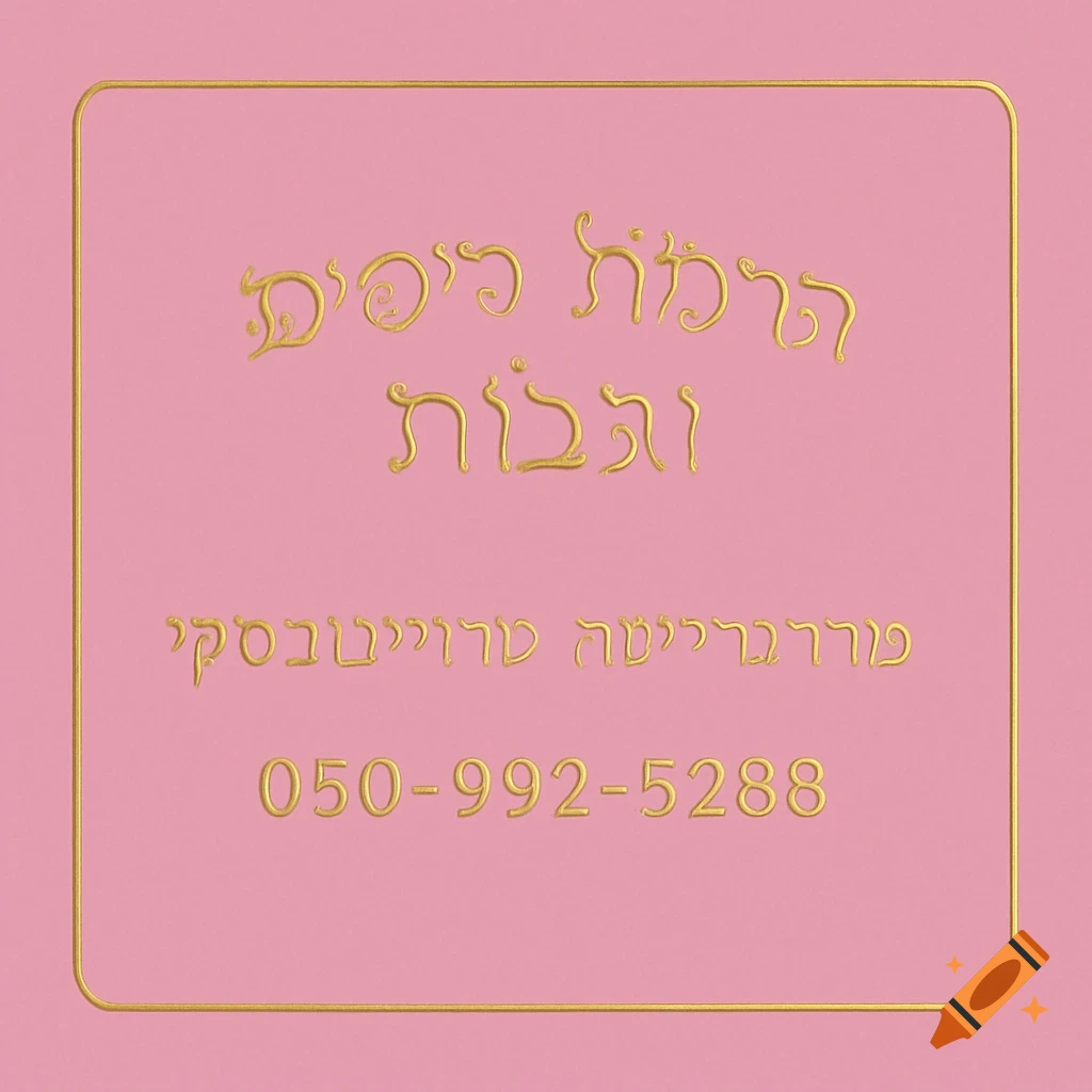 Pink business card with gold Hebrew text for 'Lash and Brow Lift' by Margarita Troyanovsky and phone number.