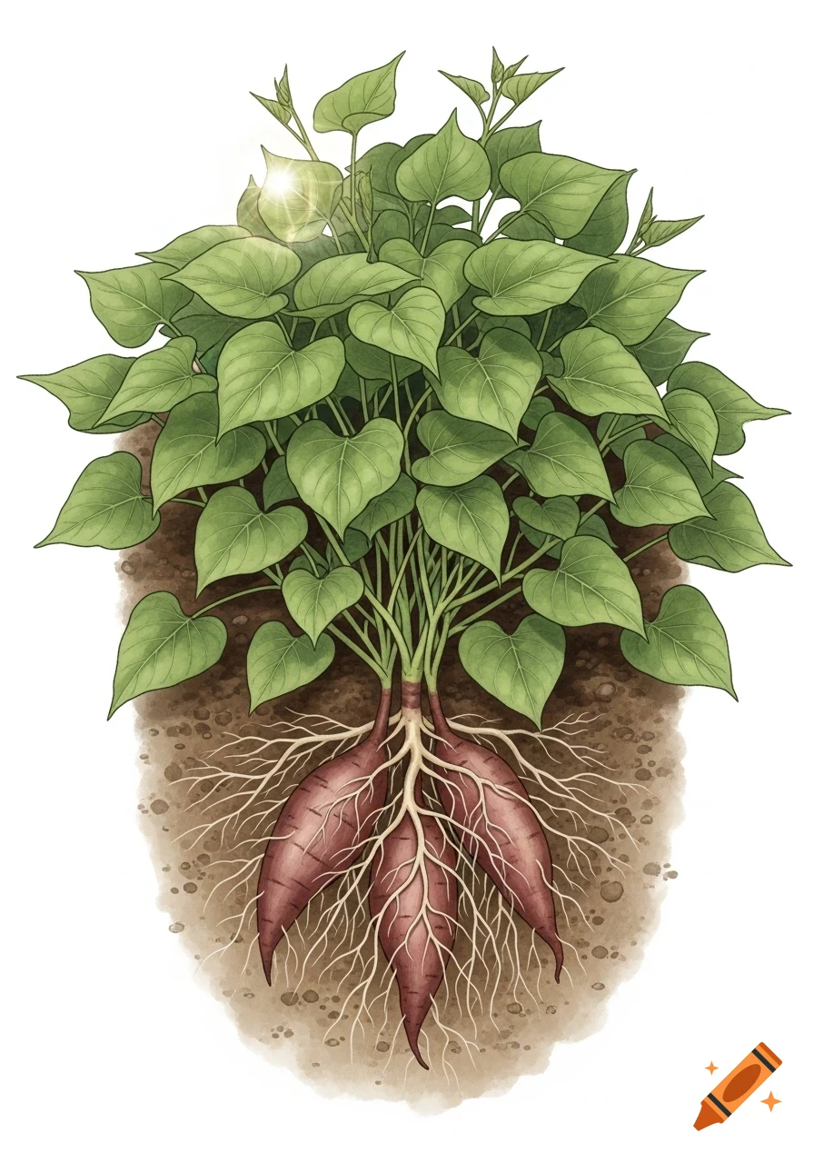 Botanical illustration of a sweet potato plant showing green leaves, stems, and purple tubers with white roots underground in soil.