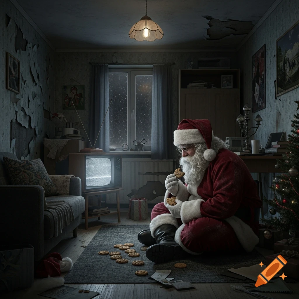Sad Santa Claus sits on the floor of a dilapidated apartment, eating cookies while looking at a static TV. A small Christmas tree is nearby.