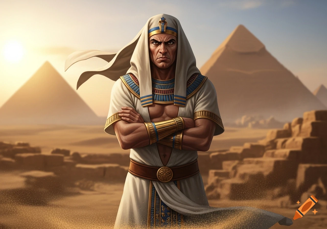 An angry Egyptian man in traditional attire with crossed arms stands in a desert with pyramids under a setting sun.