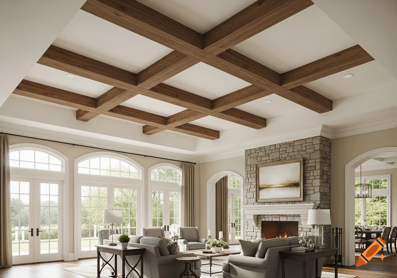 A spacious living room with large arched windows, a stone fireplace, and a white ceiling with decorative faux wood beams.