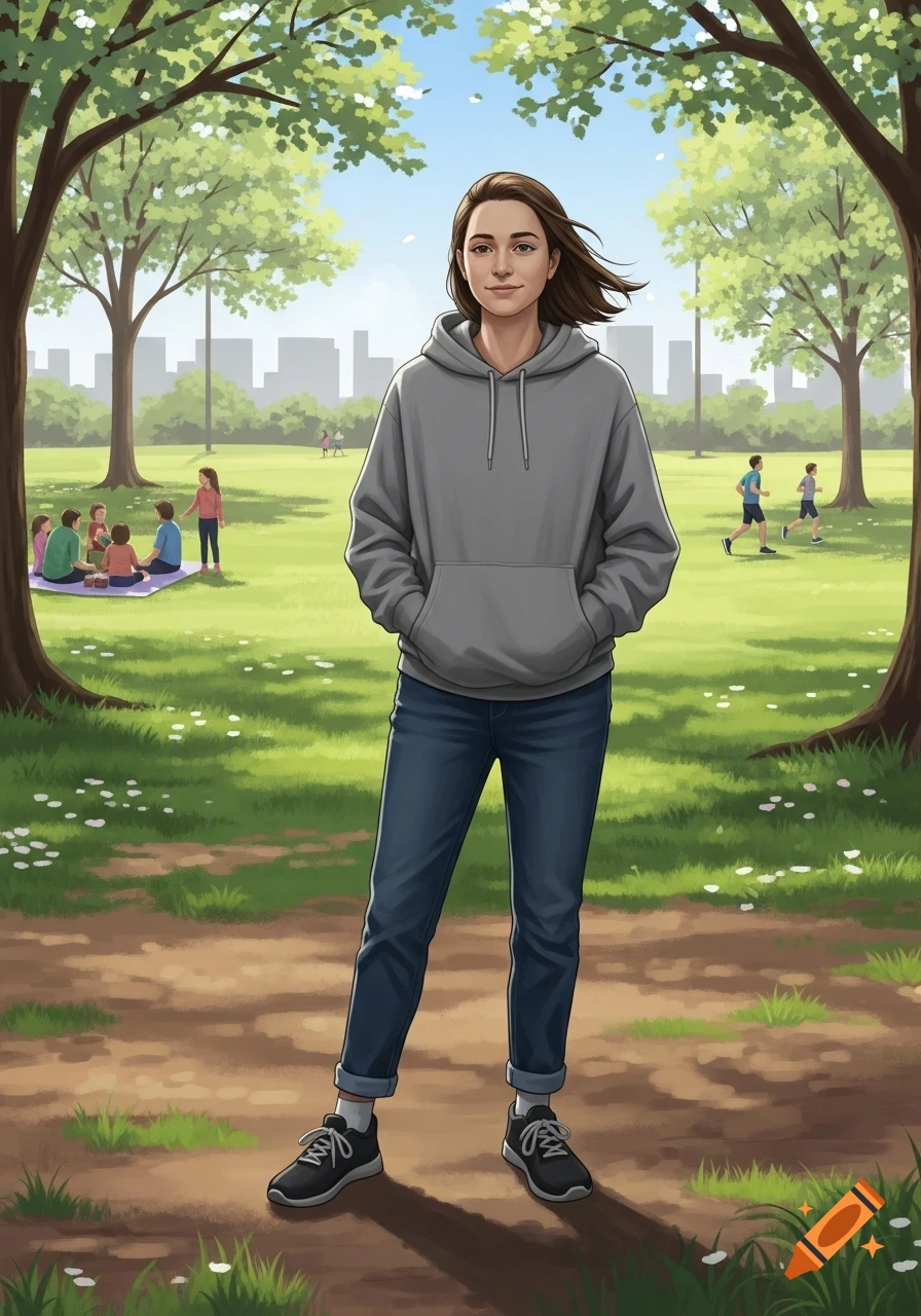 A young person in a gray hoodie and jeans stands on a path in a sunny park with trees, distant people, and a city skyline, in an illustration.