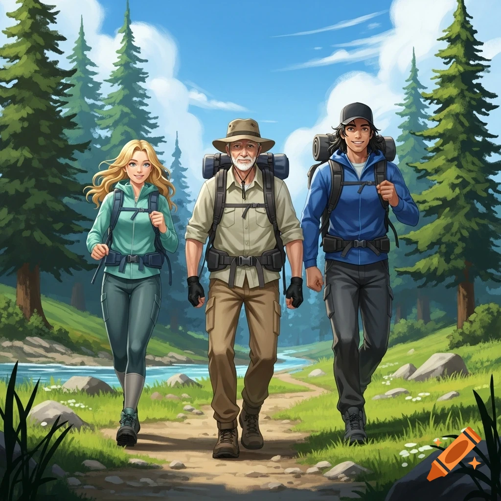 An illustration of a blonde woman, an older man, and a young man hiking on a dirt path in a green forest next to a river under a blue sky.