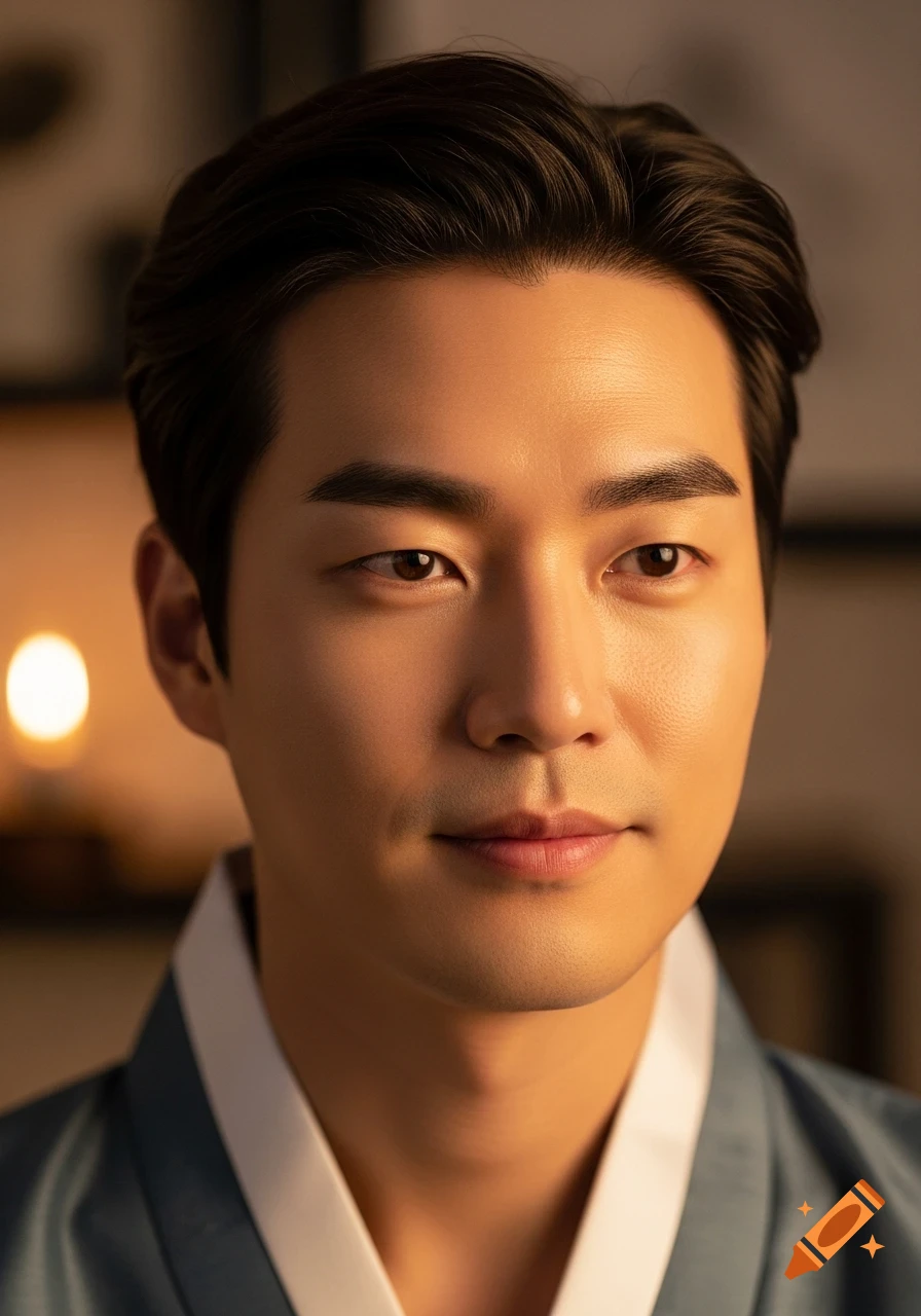 Realistic portrait of a Korean man in traditional attire, with a calm and confident expression under warm, golden lighting.