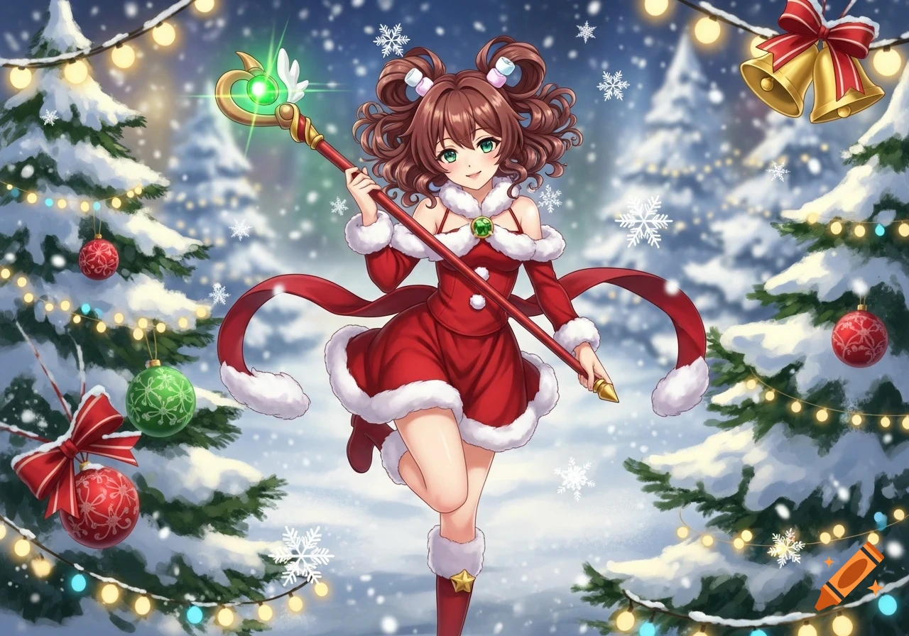 An anime magical girl in a red Christmas dress with marshmallow hairpins holds a staff in a snowy forest with decorated Christmas trees.