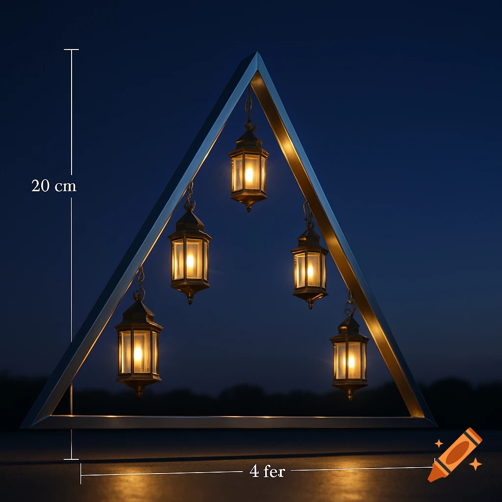 A sleek metallic triangular frame illuminated by five glowing gold lanterns hanging inside, set against a dark blue background with measurement annotations.
