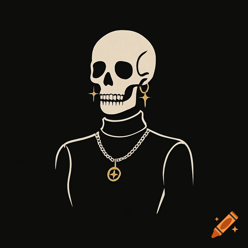 Stylized illustration of a skeleton wearing a black turtleneck, gold chain, and star-shaped earrings on a black background.