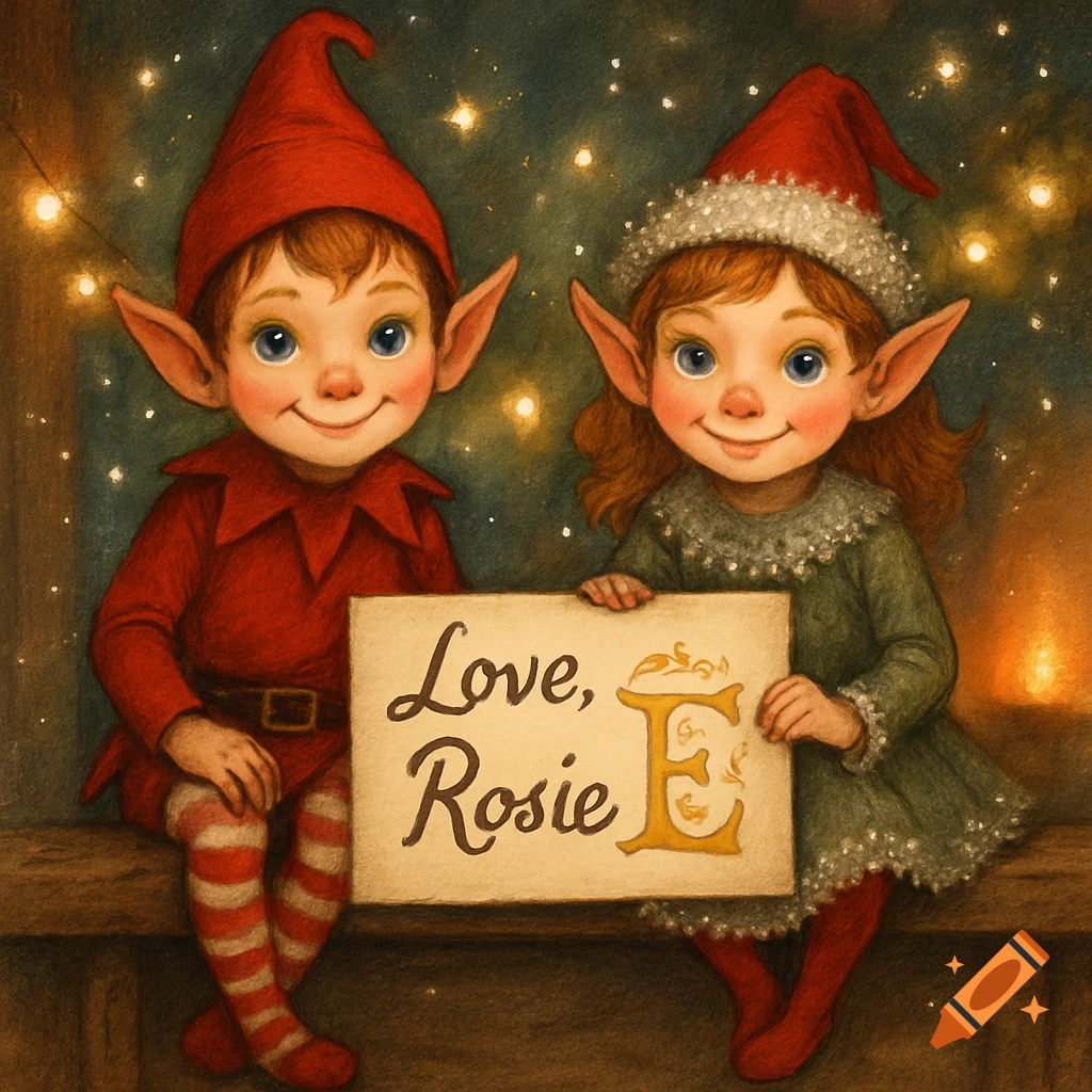 Whimsical illustration of a boy and girl elf sitting, holding a sign that reads 'Love, Rosie E', with twinkling lights in the background.