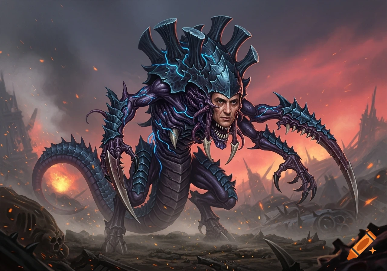 A dark fantasy illustration of a purple and black armored Tyranid monster with a man's head, in a fiery, ruined landscape.