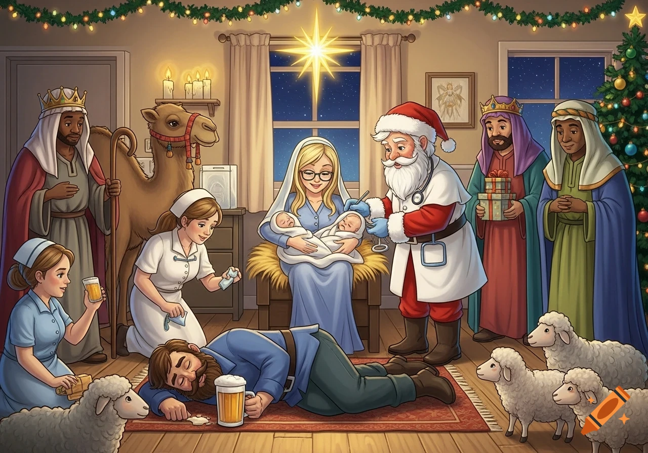 A humorous cartoon Nativity scene in a delivery room with Santa as the doctor, a mother holding twins, and a fainted father surrounded by wise men, nurses, and animals.