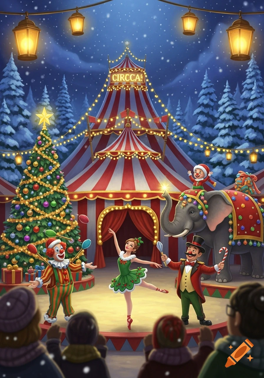 A festive Christmas circus performance under falling snow, with a clown, ballerina, ringmaster, and an elephant in front of a big top and decorated tree.