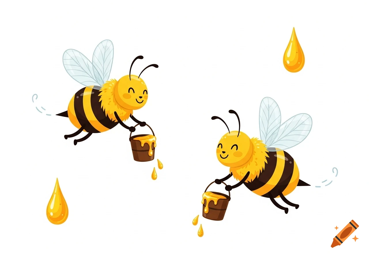 Two happy cartoon bees fly while carrying buckets overflowing with honey, with honey drops around them.