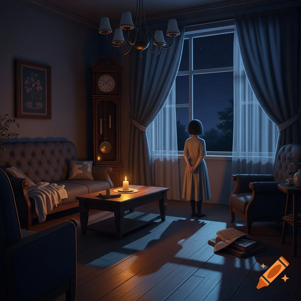 A small person looks out a window at a starry night from a dimly lit living room with a lit candle on a coffee table.