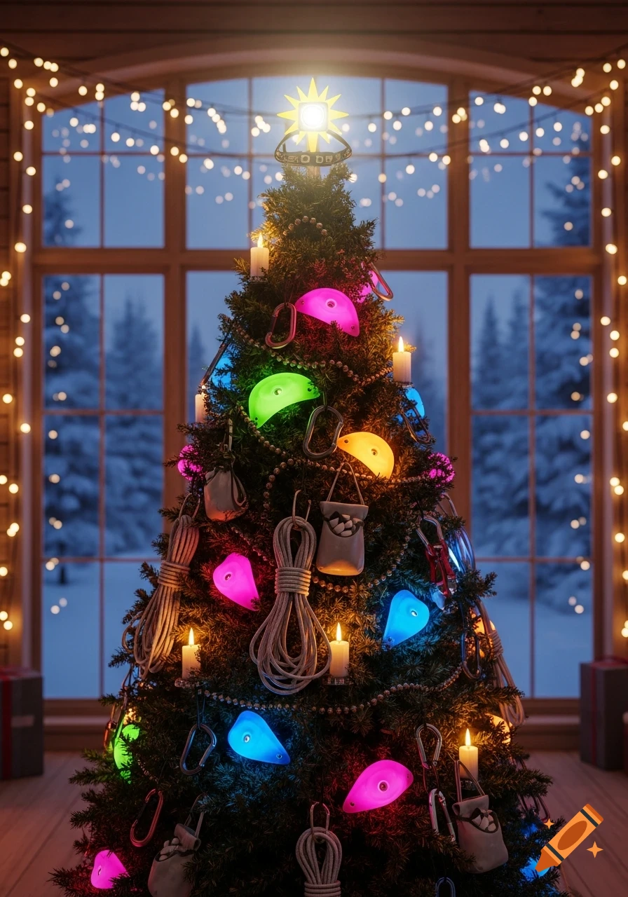 A festive Christmas tree decorated with colorful climbing holds, ropes, and carabiners, topped with a headlamp star, against a snowy window backdrop.