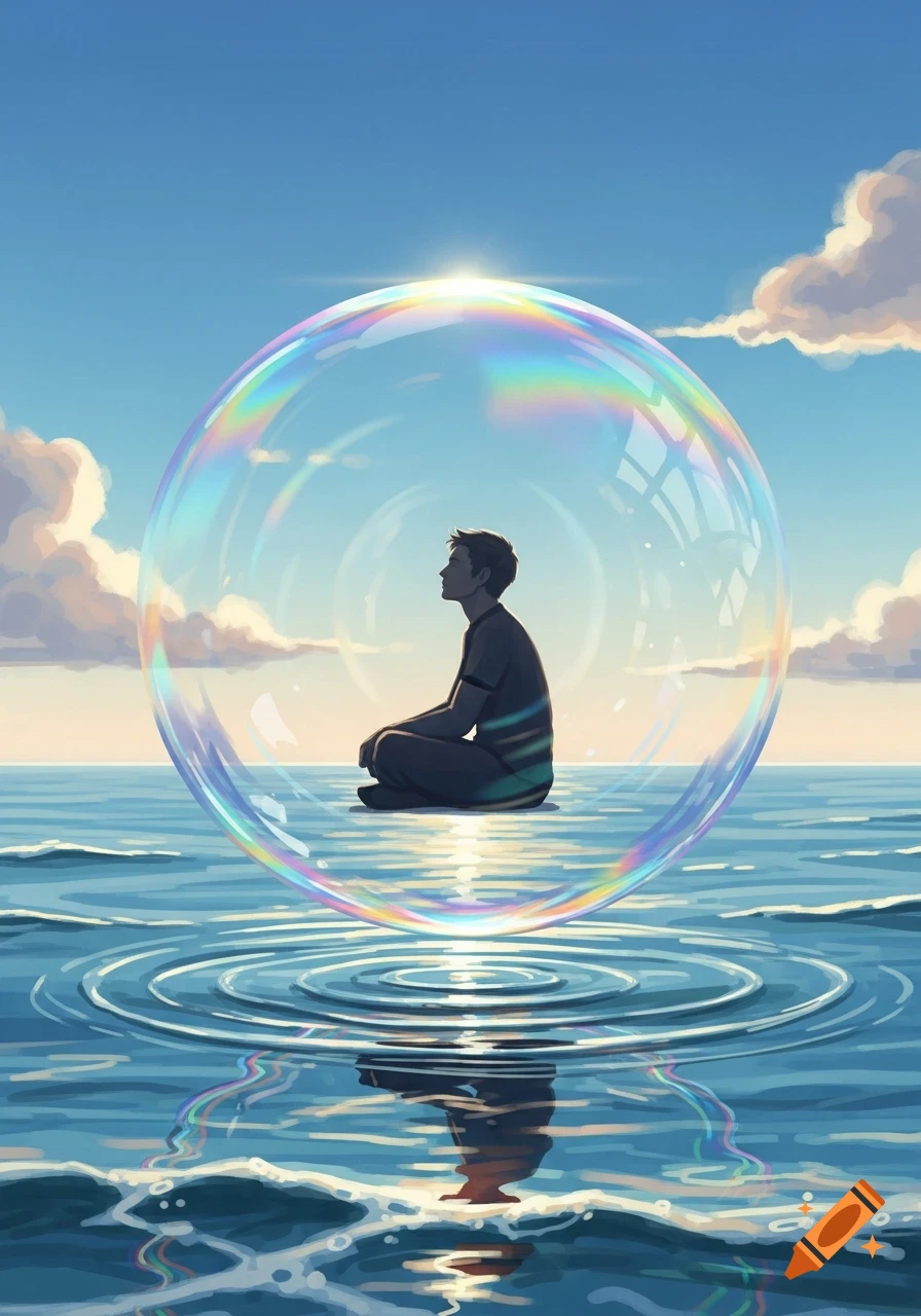 Stylized illustration of a man meditating in a large iridescent bubble floating on calm water under a blue sky.