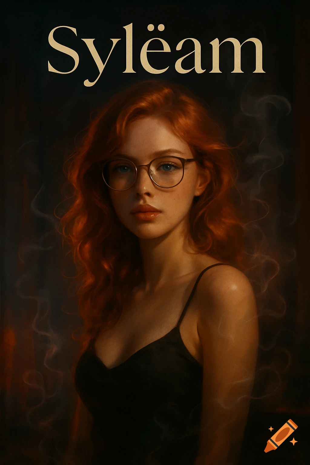 A woman with long red hair and glasses in a black top, with the word 'Sylëam' at the top, in a moody, smoky setting.