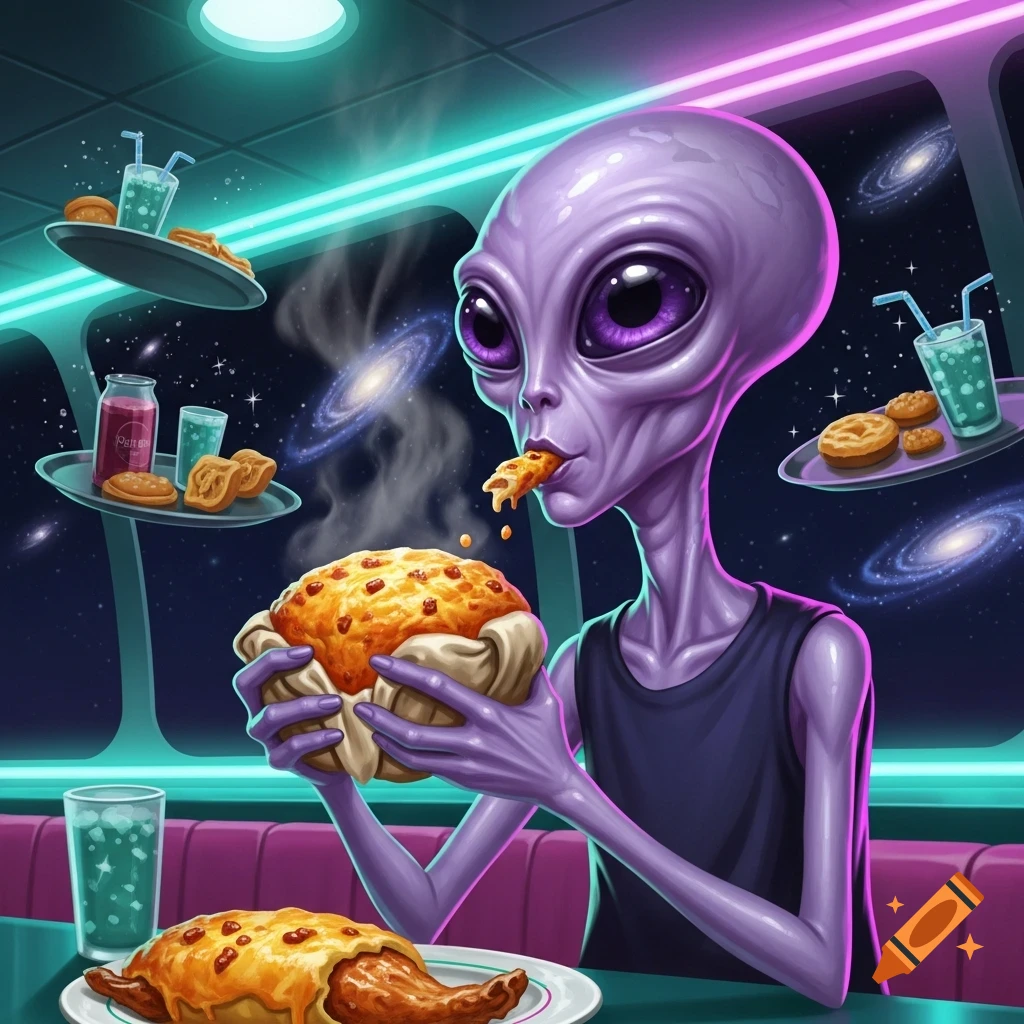 A purple alien with large dark eyes eats a chicken bake in a futuristic diner with a space view.