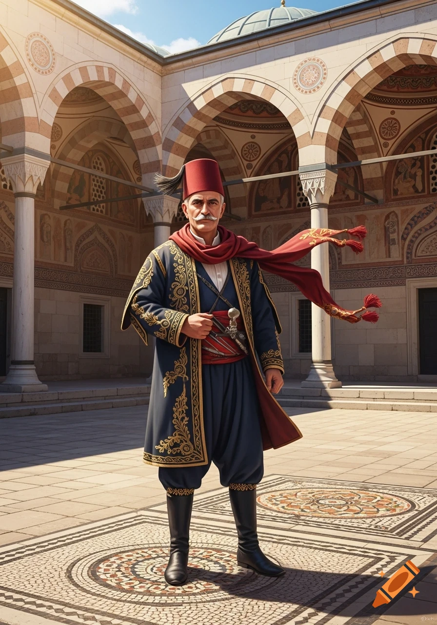 A man in traditional Turkish clothing with a red fez and embroidered coat stands in a sunny courtyard with arched architecture.