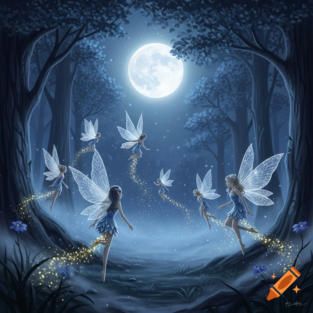 Fairies with glowing wings fly through a dark, mystical forest under a bright full moon, leaving sparkling trails.