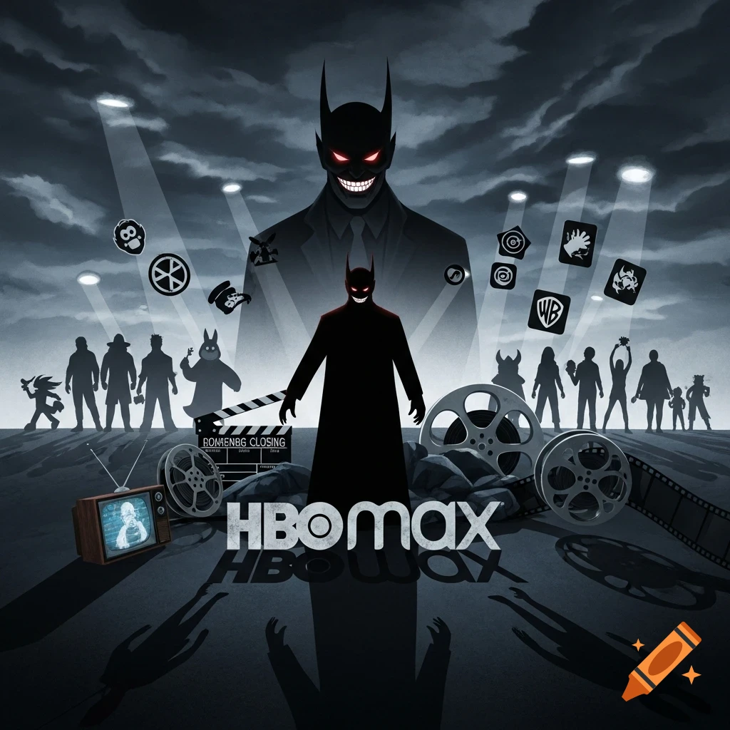 An ominous, dark illustration with a demonic Batman-like figure overseeing silhouetted characters and film equipment, with 'HBO Max' prominently displayed. The theme hints at a closing or major change within the media landscape.