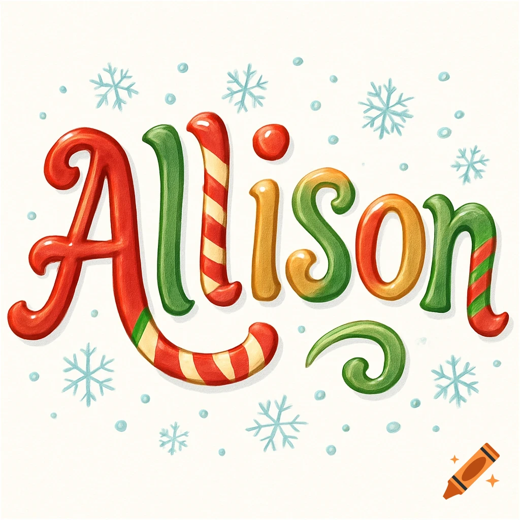 Colorful, candy cane-style bubble letters spell 'Allison', surrounded by blue snowflakes on a white background.