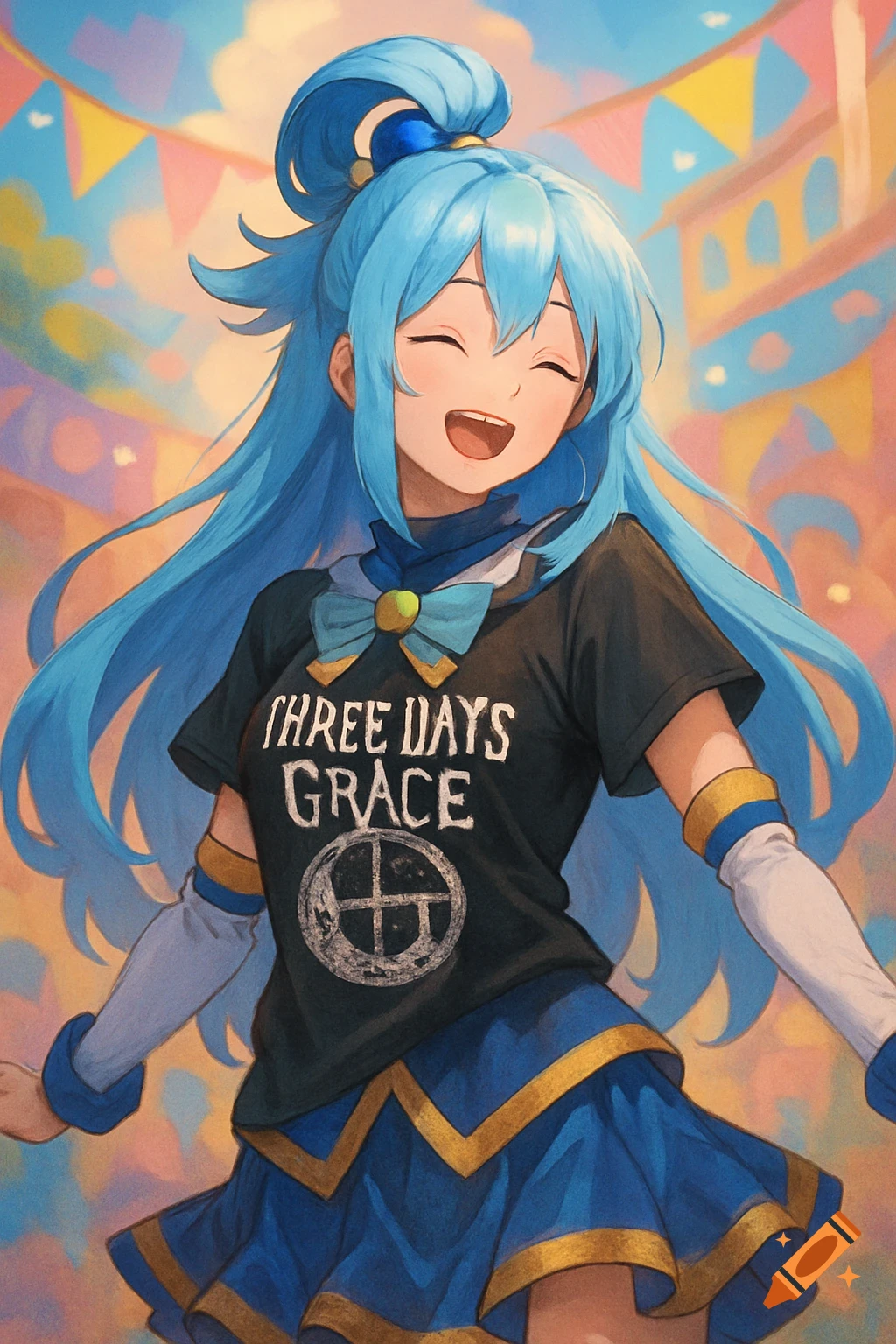 Aqua from Konosuba with blue hair, wearing a black "Three Days Grace" t-shirt and blue skirt, smiling happily.