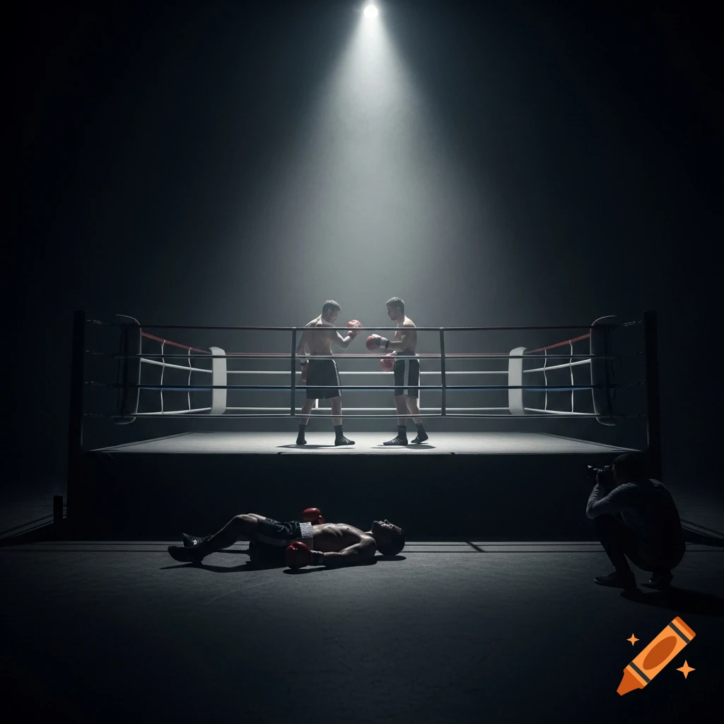 Dramatic shot of two boxers in a ring under a spotlight, one boxer fallen outside, and a photographer capturing the scene in a dark arena.