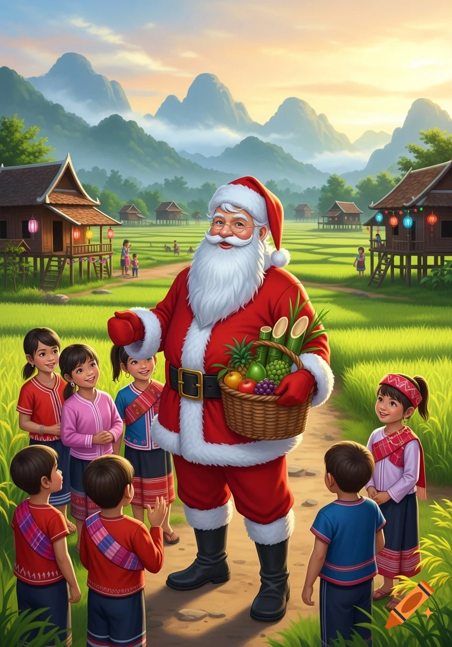 Santa Claus presents a fruit basket to children in a traditional Laotian village, with rice fields and misty mountains in the background.